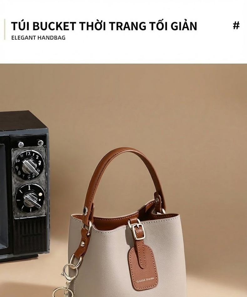 Túi Xách Tay Nữ Da Thật Dáng Bucket Màu Trắng Xám, Nâu chi tiết 1