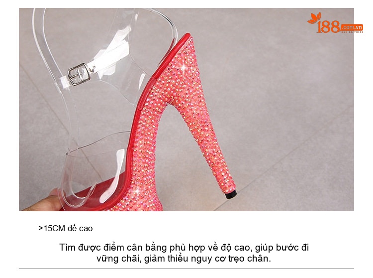 Giày Sandal Cao Gót Nữ Quai Trong Đính Đá Gót Cao 13cm Màu Đỏ, Đen, Bạc, Xanh Lá... chi tiết 6