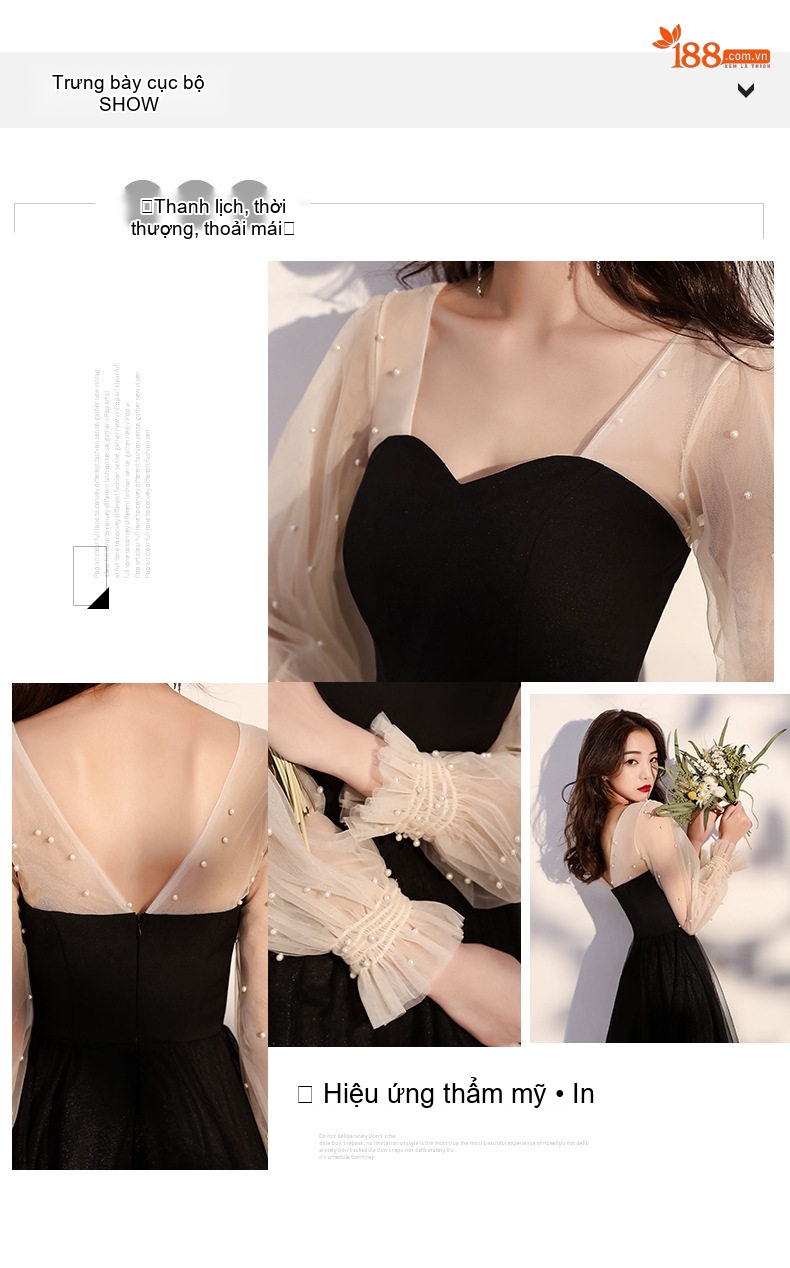Váy Dạ Hội Nữ Tay Lưới dáng chữ A Chiều Dài Đến Bắp Chân Màu Đen chi tiết 4