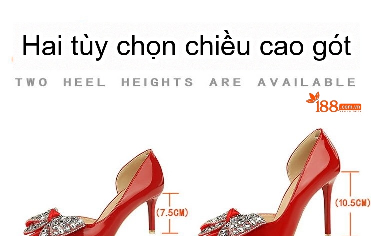 Giày Cao Gót Nữ Da Bóng Hở Bên Chiều Cao Đế Khoảng 5cm Mũi Nhọn Đính Đá Nơ Bướm Màu Đen, Đỏ, Nâu Đỏ chi tiết 1