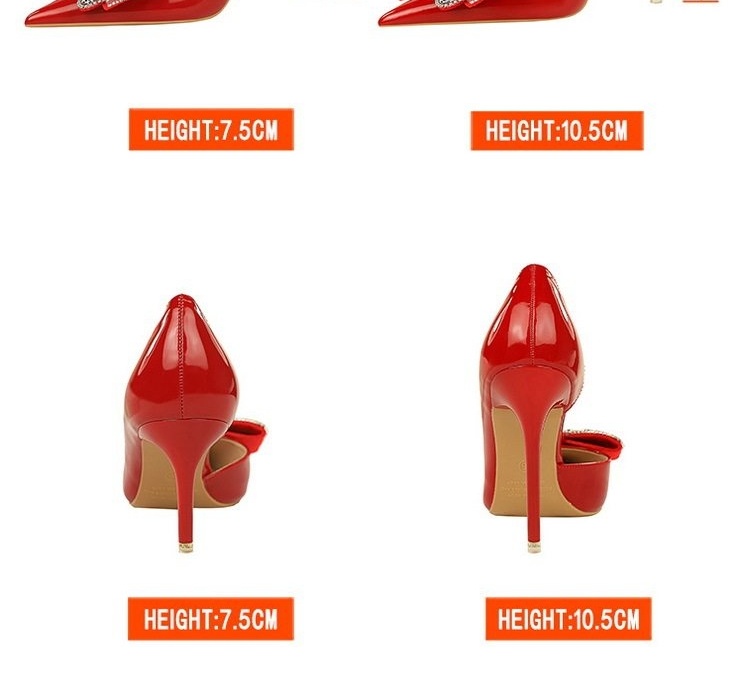 Giày Cao Gót Nữ Da Bóng Hở Bên Chiều Cao Đế Khoảng 5cm Mũi Nhọn Đính Đá Nơ Bướm Màu Đen, Đỏ, Nâu Đỏ chi tiết 2