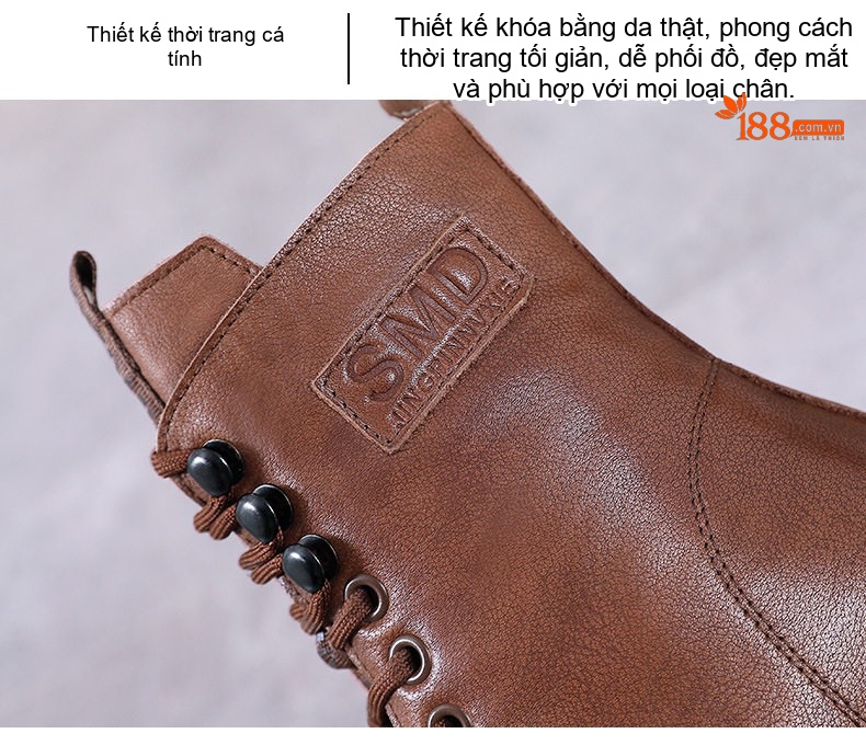 Boot Nữ Da Bò Cổ Ngắn Dây Buộc Chiều Cao Đế Khoảng 5cm Màu Nâu, Đen chi tiết 5