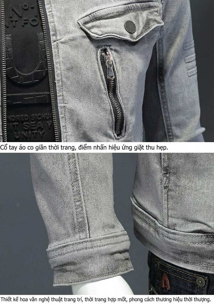 Áo Khoác Jean Nam Dáng Ôm Khóa Kéo Chất Liệu Cotton Màu Xám chi tiết 6