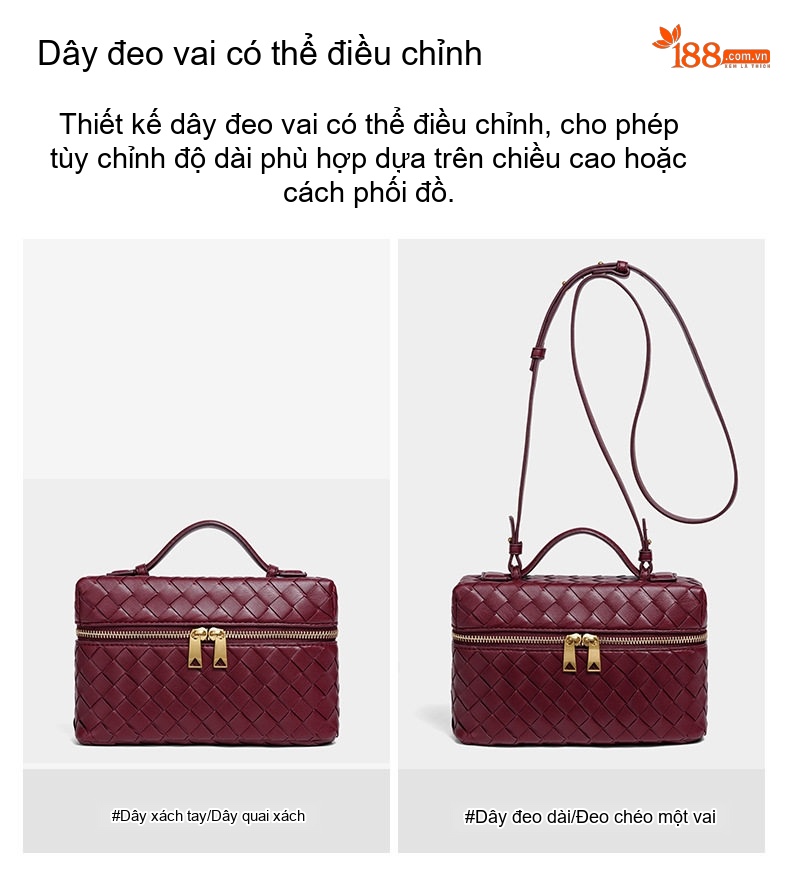 Túi Hộp Đựng Cơm Đan Thủ Công Khóa Kéo Đeo Vai Chéo Tay Xách Thời Trang Màu Đỏ Rượu Vang, Xanh Lá chi tiết 9
