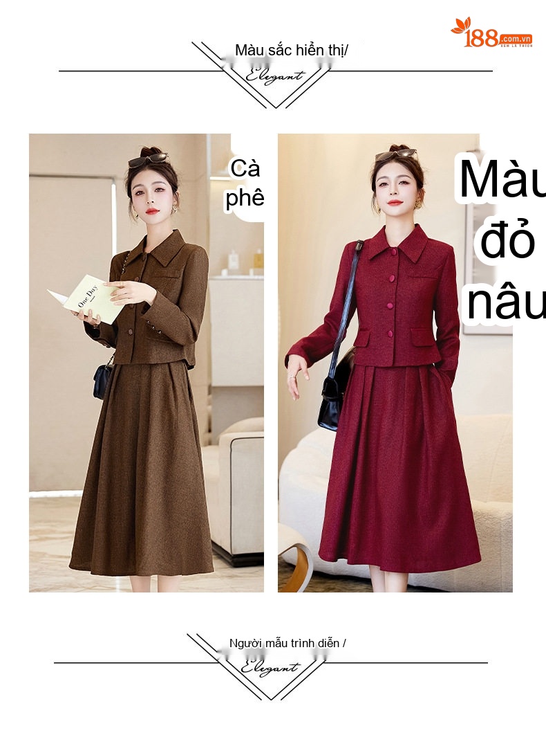 Bộ Vest Nữ Áo Khoác Lửng Tay Dài Chân Váy Midi Phong Cách Hàn Quốc Màu Nâu, Đỏ chi tiết 3
