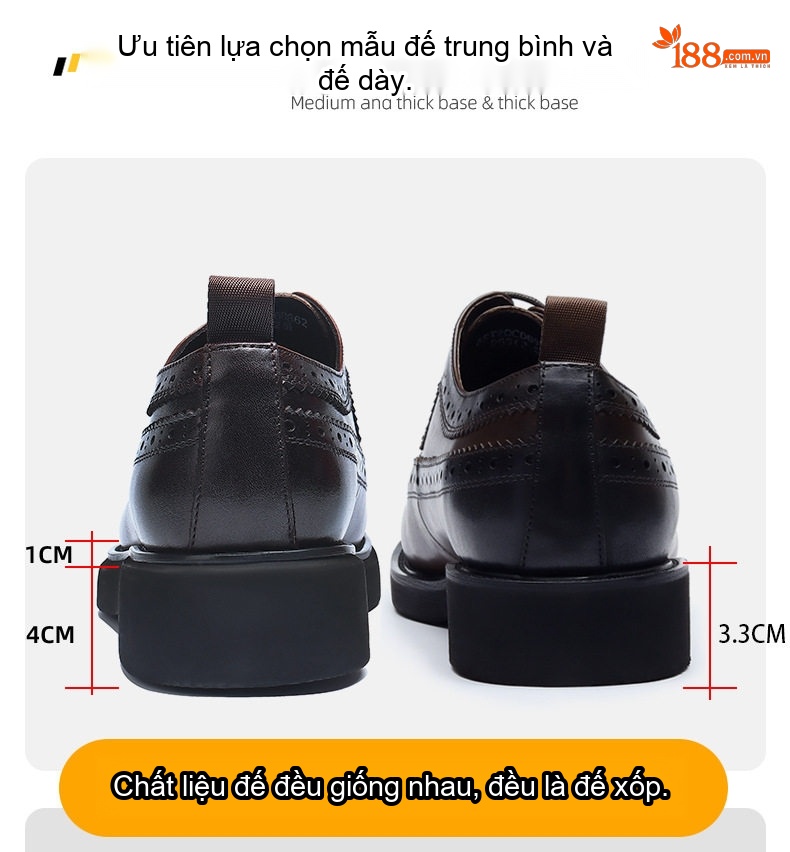 Giày Tây Buộc Dây Nam Da Bò Chiều Cao Đế Khoảng 3cm Màu Đen, Nâu chi tiết 5