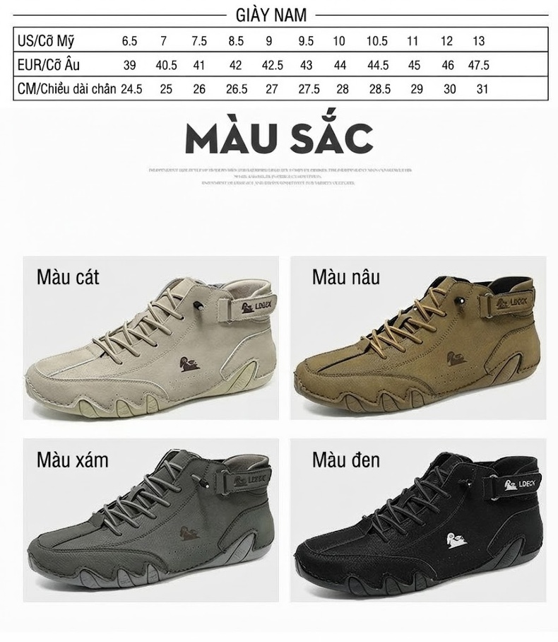 Giày Boot Martin Nam Cổ Cao Da Mờ Chiều Cao Đế Khoảng 3cm Màu Be, Nâu, Xám, Đen chi tiết 6
