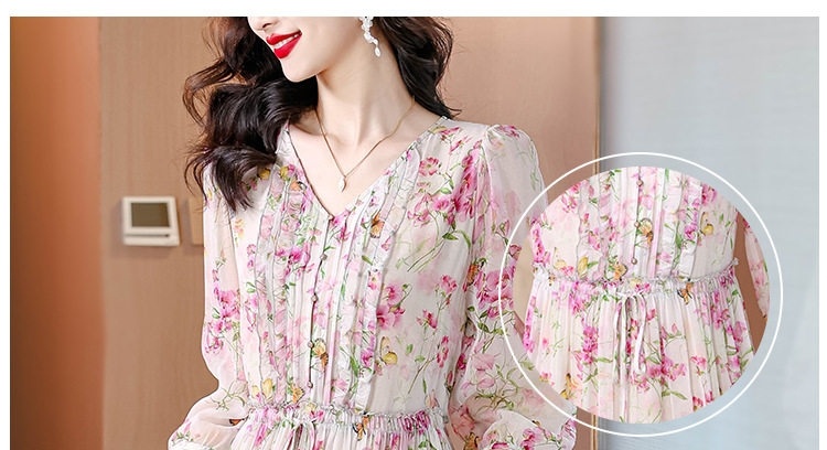 Váy Chữ A Lụa Thật Cổ chữ V Trẻ Trung Phong Cách Thời Trang Màu Trắng, Hồng chi tiết 5