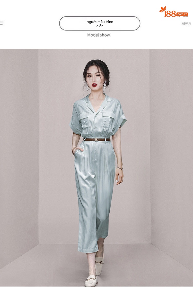 Jumpsuit Nữ Tay Ngắn Cổ chữ Vest Dáng Suông Chiết Eo Thanh Lịch Màu Xanh chi tiết 10