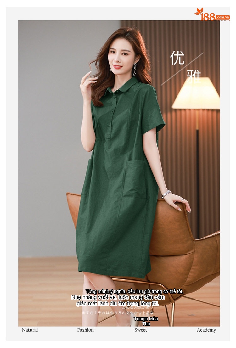 Váy Sơ Mi Nữ Dáng Suông Cotton Linen Phong Cách Retro Màu Xanh Navy, Tím, Nâu, Xanh Lá... chi tiết 6