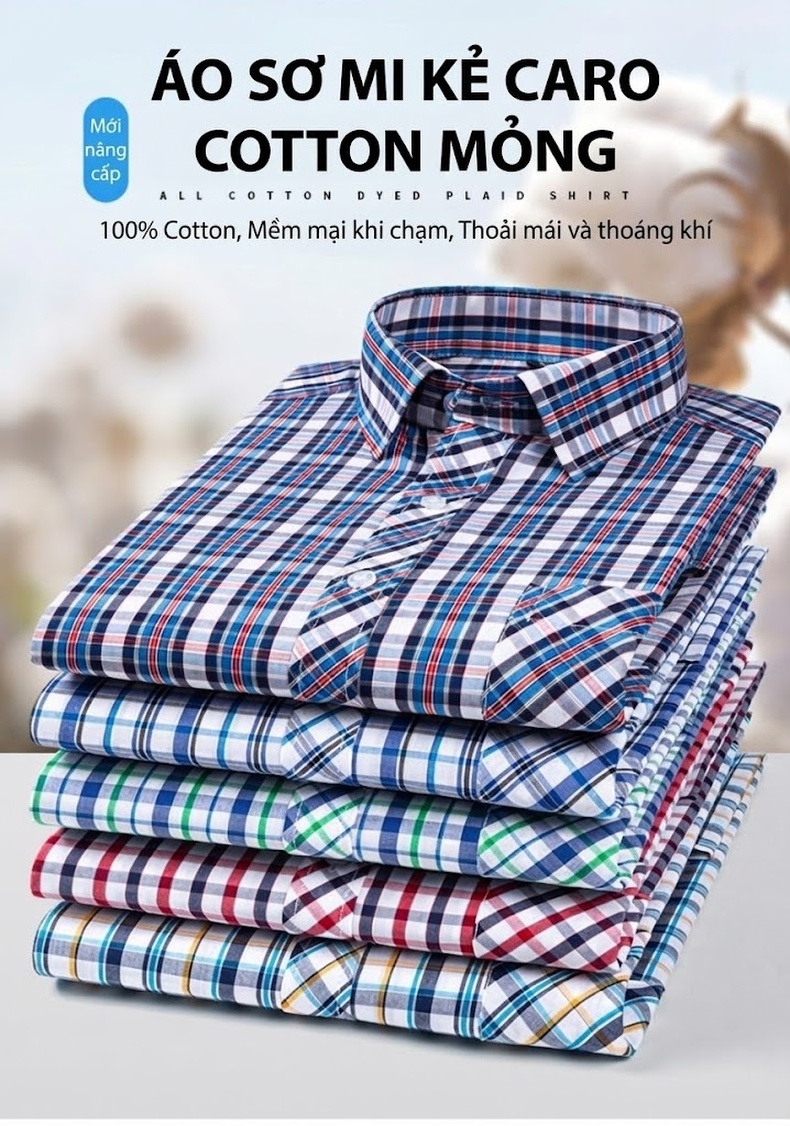 Áo Sơ Mi Dài Tay Nam Cotton Mỏng Phong Cách Thời Trang Họa Tiết Kẻ Caro chi tiết 1