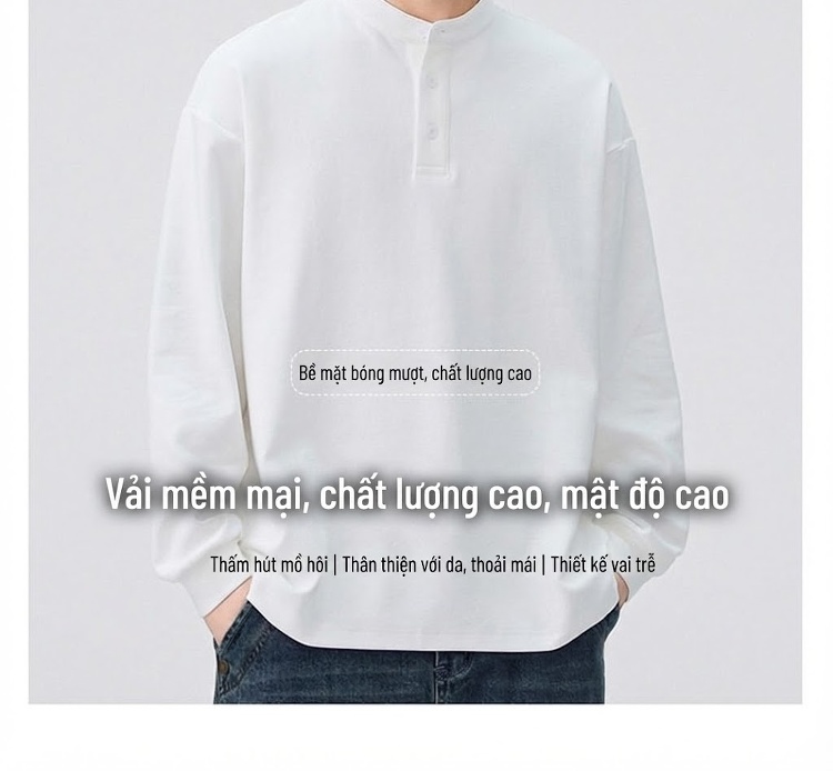 Áo Thun Dài Tay Cổ Trụ Nam Dáng Rộng Phong Cách Retro Màu Trắng, Đen, Xám chi tiết 3