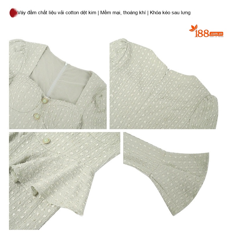 Váy Liền Thân Nữ Tiểu Thư Cổ chữ Vuông Tay Loe Dáng Ôm Màu Xanh Bạc Hà chi tiết 4