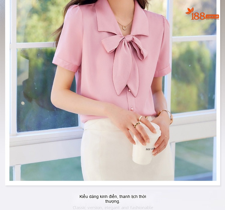 Áo Sơ Mi Tay Ngắn Nữ Cổ Nơ Chất Liệu Tuyết Chiffon Màu Hồng, Trắng chi tiết 2