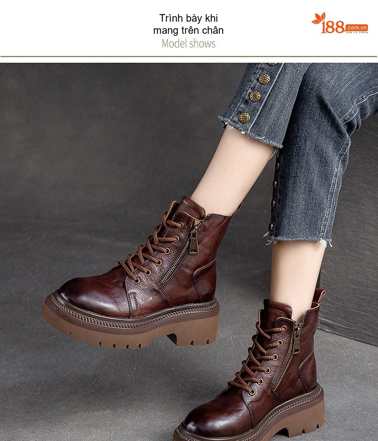 Boot Nữ Da Bò Cổ Ngắn Phong Cách Anh Quốc Chiều Cao Đế Khoảng 5cm Màu Nâu, Xanh chi tiết 7