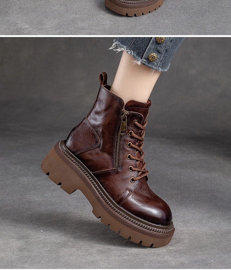 Boot Nữ Da Bò Cổ Ngắn Phong Cách Anh Quốc Chiều Cao Đế Khoảng 5cm Màu Nâu, Xanh chi tiết 8
