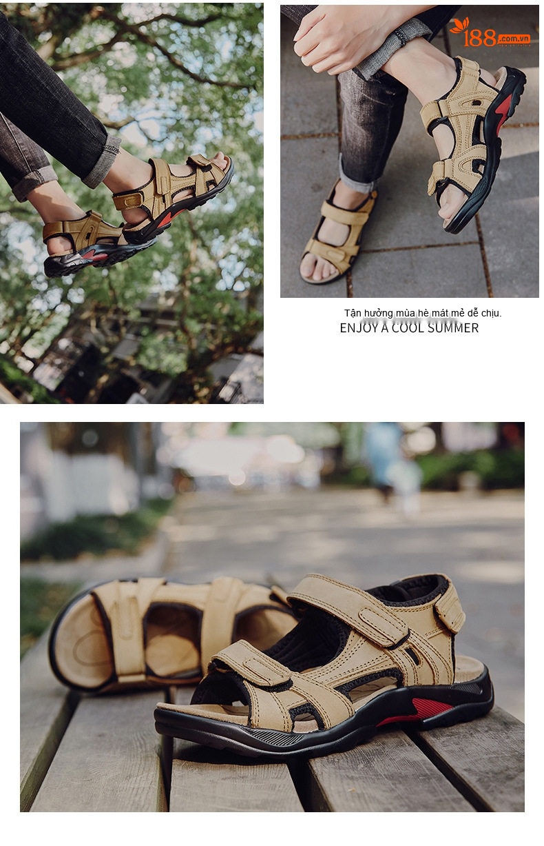 Dép Sandal Nam Da Thật Hở Ngón Thoáng Khí Chống Mòn Chiều Cao Đế Khoảng 3cm Màu Nâu, Be chi tiết 11