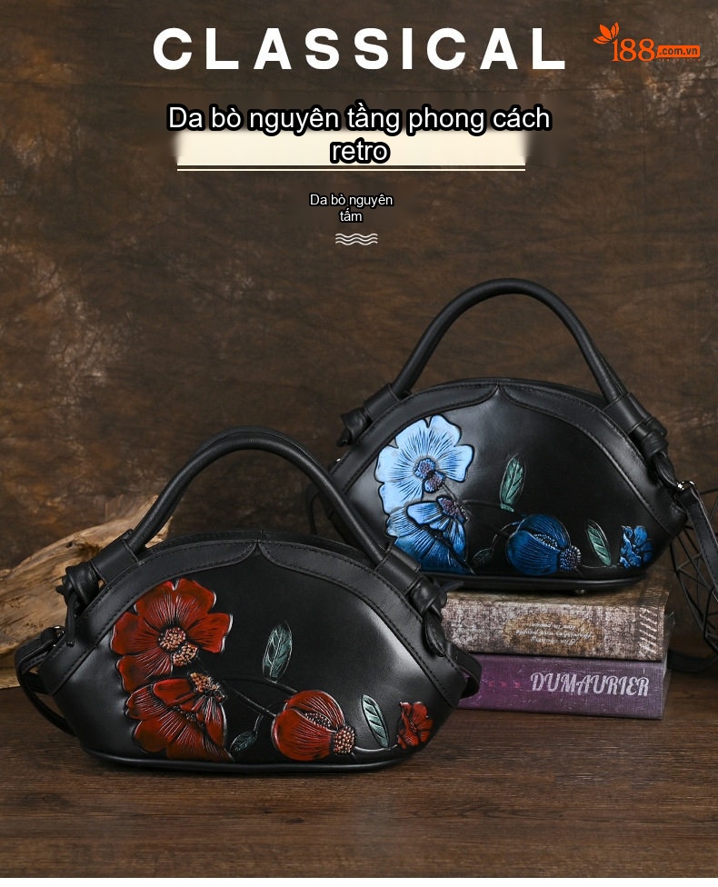 Túi Xách Tay Nữ Da Thật Dập Nổi Vintage Đeo Vai, Đeo Chéo Màu Đen chi tiết 1