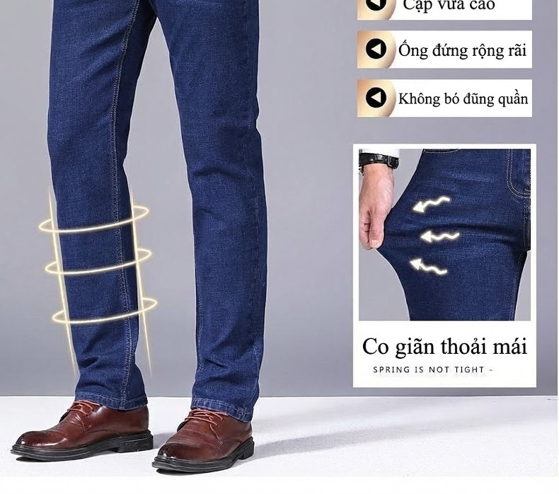 Quần Jean Nam Dáng Suông Co Giãn Thoải Mái Màu Xanh Navy, Đen chi tiết 2