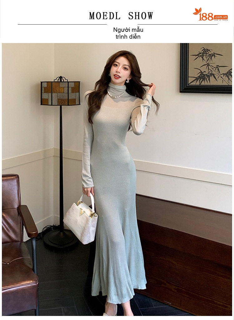 Váy Dệt Kim Ôm Dáng Cổ Lọ Xẻ Tà Phong Cách Pháp Màu Đen, Kem, Xanh chi tiết 5