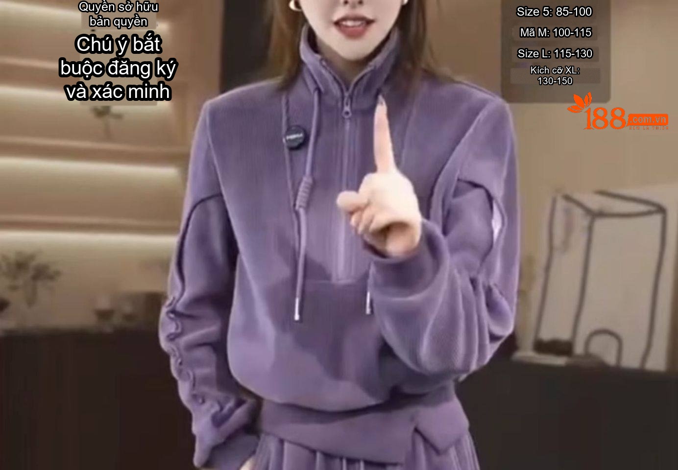 Bộ Đồ Nữ Áo Hoodie Dài Tay Khóa Kéo Lửng Quần Dài Ống Rộng Lót Lông Màu Tím chi tiết 6