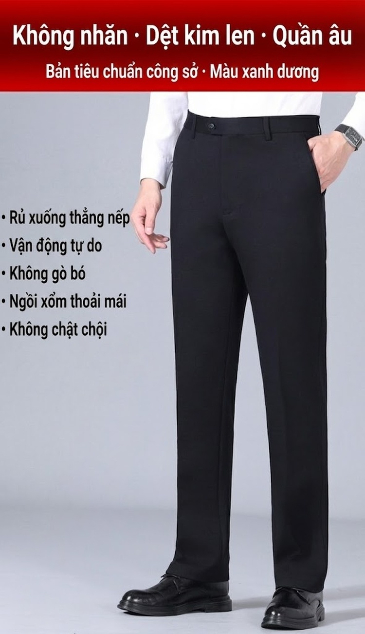 Quần Tây Nam Ống Đứng Vải Wool Dày Dặn Chống Nhăn Co Giãn Không Ly Màu Đen chi tiết 1