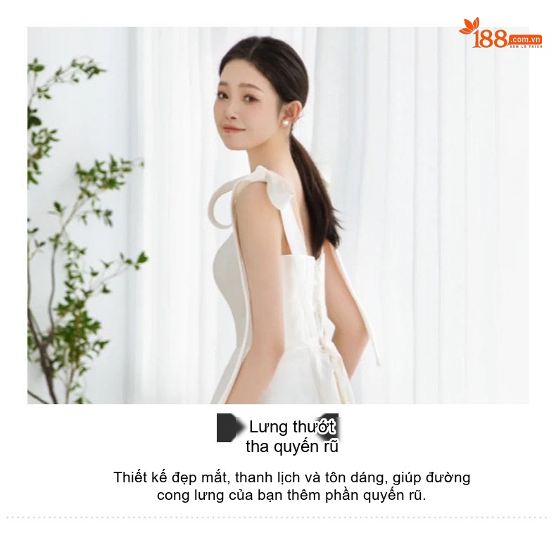 Váy Cưới Nhẹ Dáng Dài Hở Vai Dây Buộc Lụa Satin Đi Tiệc Trắng chi tiết 8