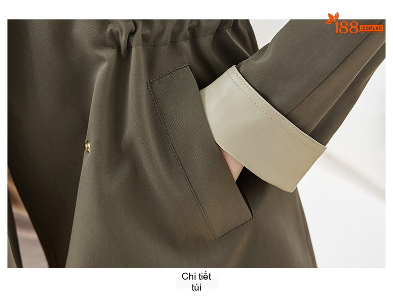 Áo Khoác Gió Nữ Dáng Ngắn Chiết Eo Dây Rút Phong Cách Hàn Quốc Màu Xanh Olive chi tiết 30