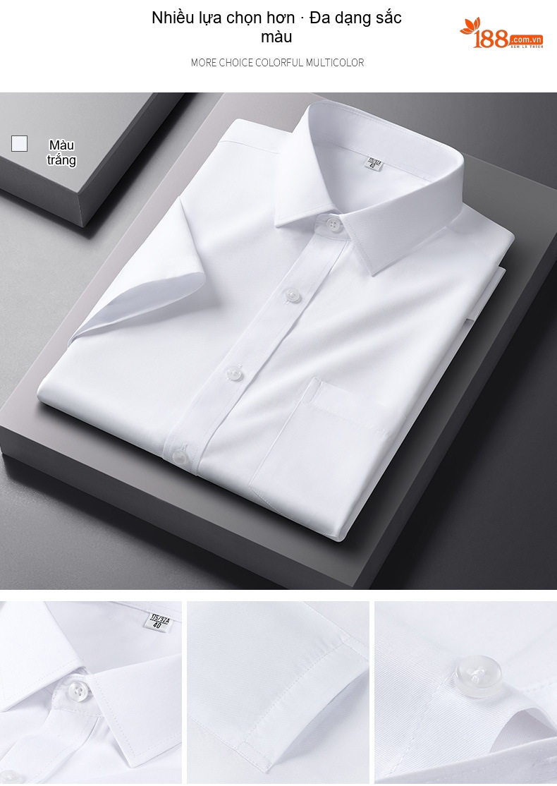 Áo Sơ Mi Nam Cotton Ngắn Tay Dáng Ôm Chống Nhăn Màu Trắng, Xanh Dương, Tím, Xám... chi tiết 17