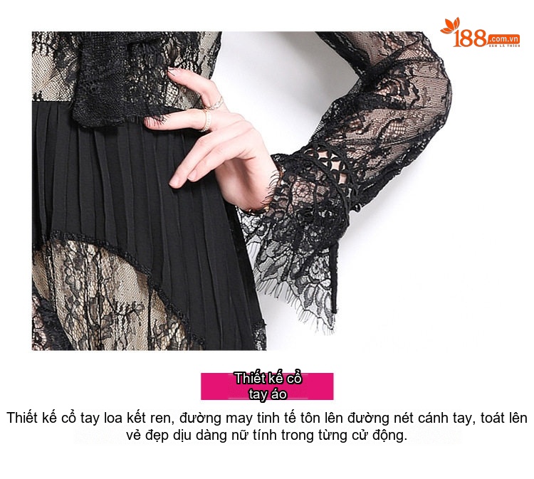 Đầm Ren Tay Dài Cổ Nơ Xuyên Thấu Eo Thun Xếp Ly Dáng Dài Nữ Màu Đen chi tiết 10