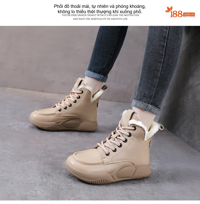 Giày Boot Nữ Da Bò Lót Lông Cừu Non Cổ Cao Dây Buộc Chiều Cao Đế Khoảng 5cm Màu Be, Đen chi tiết 12
