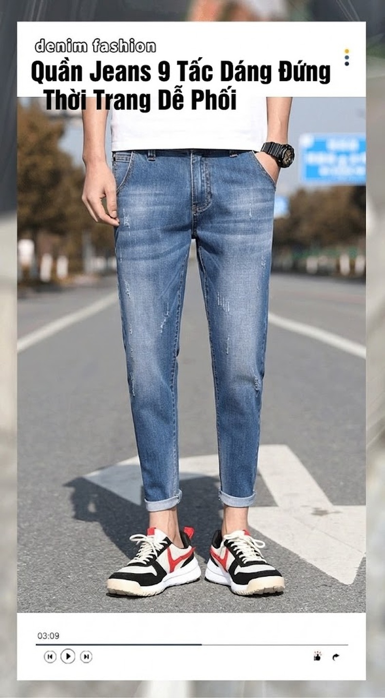 Quần Jean Nam Dáng Slim Fit Ống Lửng Phong Cách Casual Màu Xanh chi tiết 13
