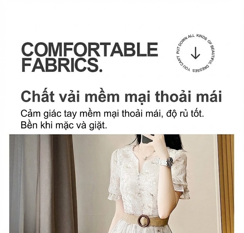 Váy Midi Nữ Tay Ngắn Họa Tiết Hoa Nhí Thắt Eo Phong Cách Pháp chi tiết 2