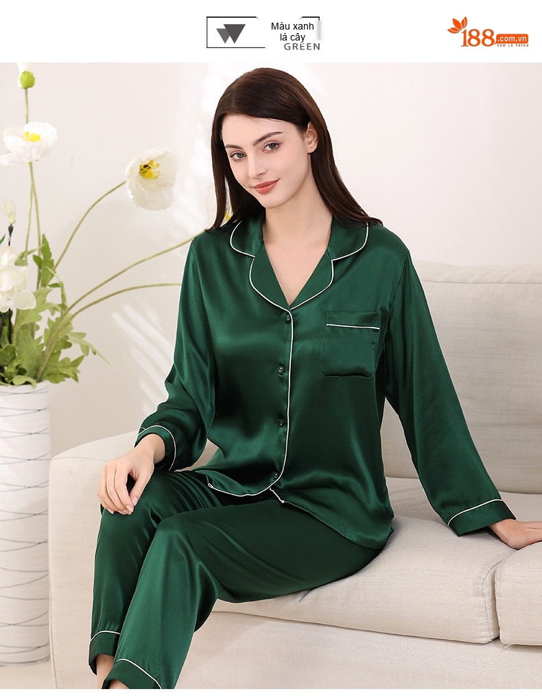 Bộ Đồ Ngủ Lụa Tơ Tằm Dài Tay Nữ Mùa Hè, Thu Màu Hồng, Xanh, Xanh Navy, Xanh Lá chi tiết 12
