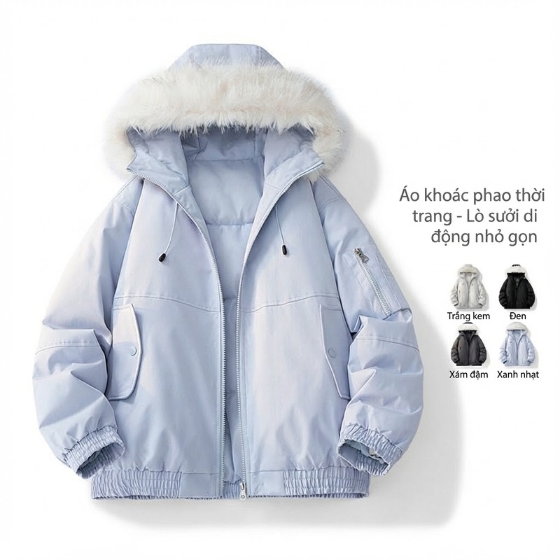 Áo Khoác Parka Nam Nữ Cotton Lót Lông Cừu Giả Cổ Điển Mũ Trùm Đầu Màu Xám, Đen, Trắng, Xanh...