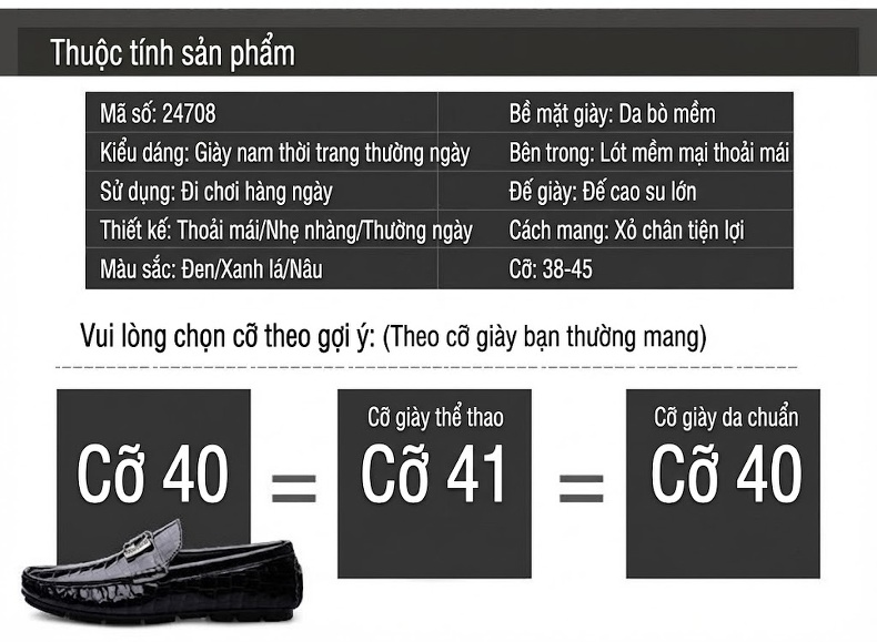 Giày Lười Nam Da Bóng Họa Tiết Chiều Cao Đế Khoảng 2cm Màu Đen, Nâu, Xanh Lá chi tiết 5