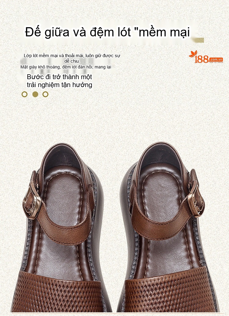 Dép Sandal Nữ Da Bò Hở Mũi Thoáng Khí Quai Hậu Khóa Cài Đế Cao 4cm - 5cm Màu Đen, Nâu, Kem chi tiết 6