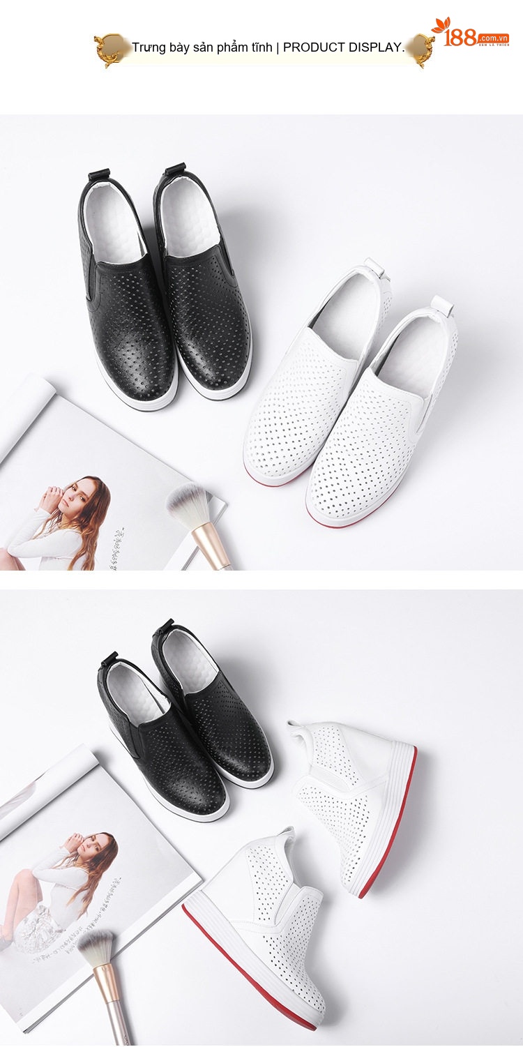 Giày Lười Nữ Đế Xuồng Chiều Cao 12cm Thoáng Khí Màu Trắng, Đen chi tiết 7