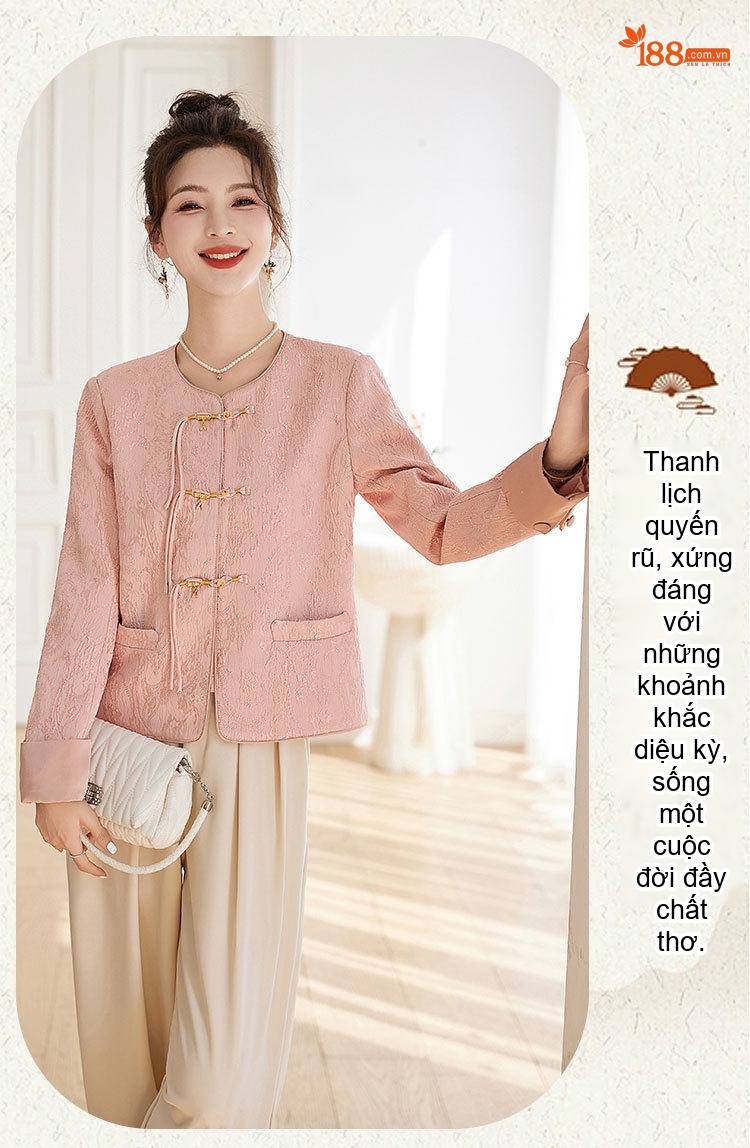 Áo Khoác Nữ Dáng Ngắn Tay Dài Thêu Hoa Cài Khuy Phong Cách Trung Hoa Màu Trắng, Hồng chi tiết 23