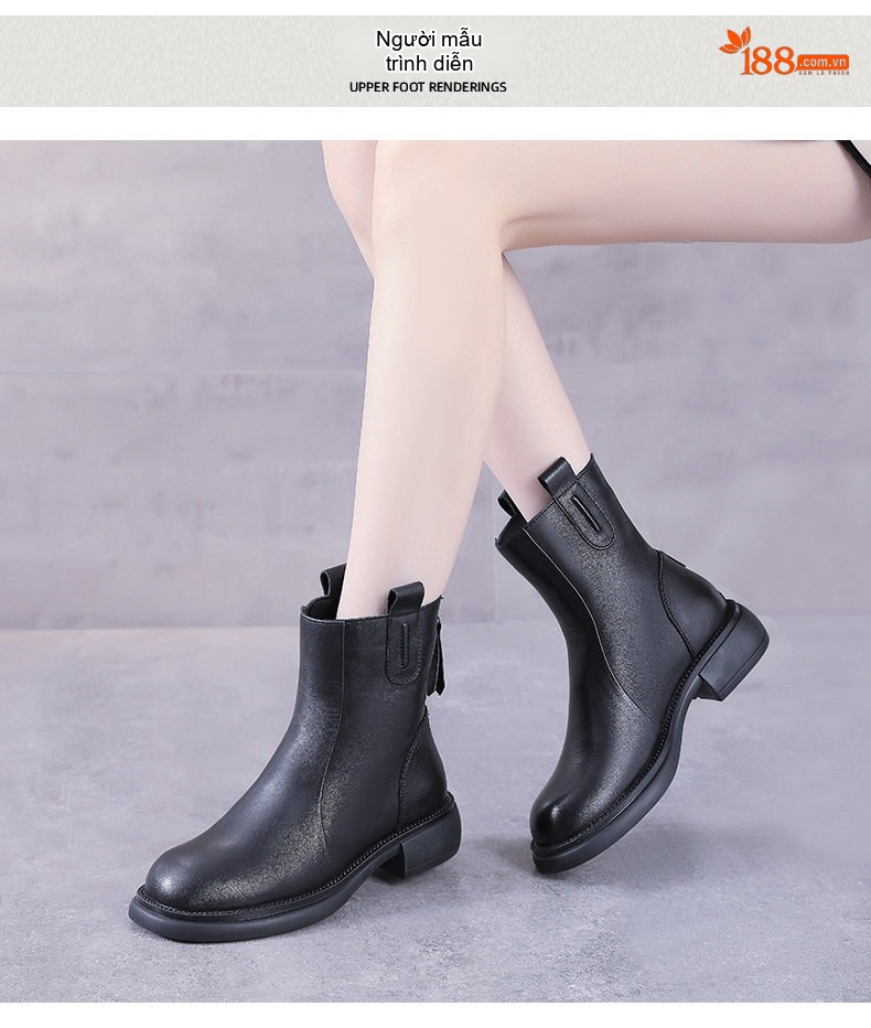Boot Chelsea Nữ Da Bò Chiều Cao Đế Khoảng 3cm Màu Đen, Nâu chi tiết 11