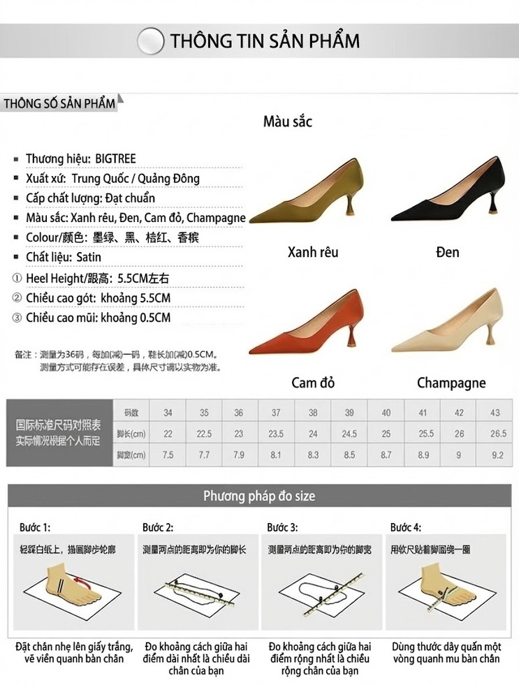 Giày Cao Gót Nữ Mũi Nhọn Gót Ly Chiều Cao Đế Khoảng 6cm Chất Liệu Lụa Màu Đỏ Cam, Đen, Xanh Olive, Kem... chi tiết 1