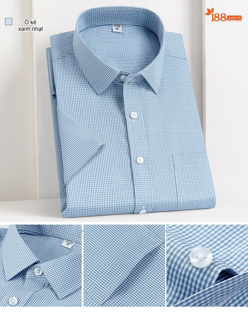 Áo Sơ Mi Nam Cotton Ngắn Tay Dáng Ôm Chống Nhăn Màu Trắng, Xanh Dương, Tím, Xám... chi tiết 9