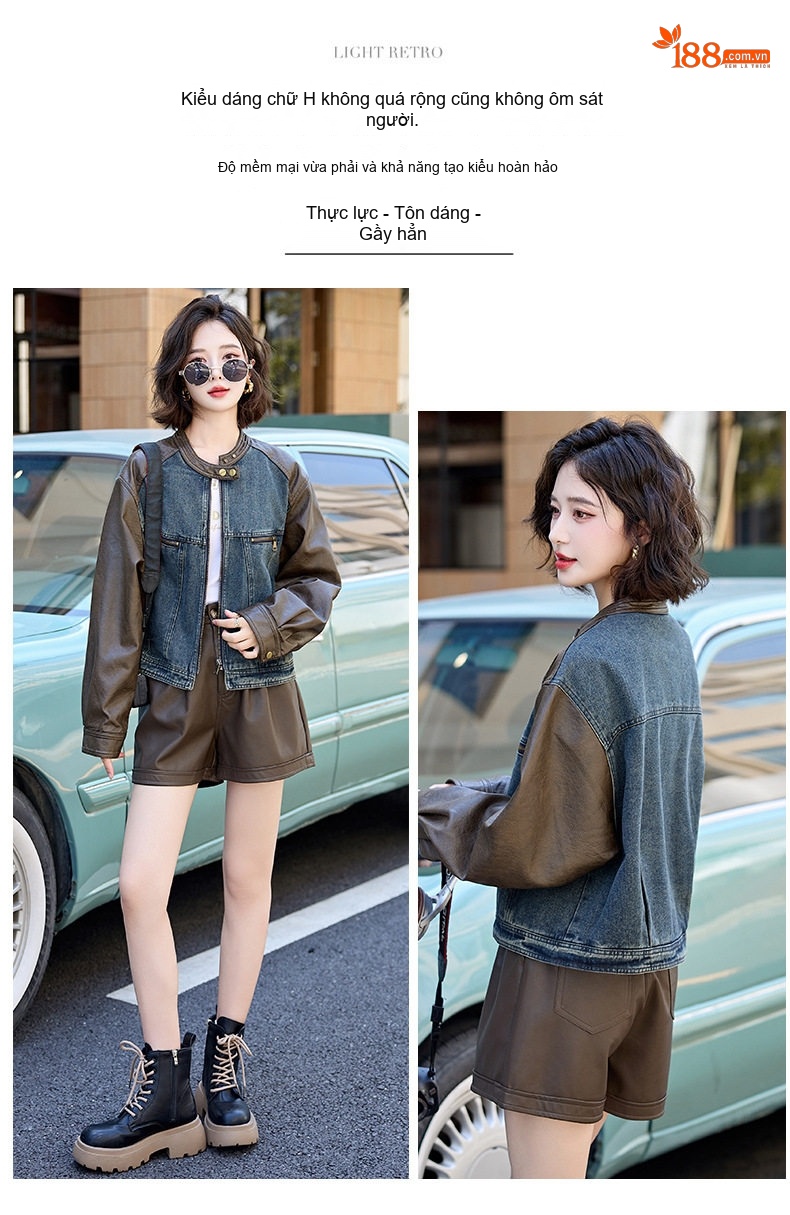 Áo Khoác Nữ Jean Phối Da Kiểu Retro Ngắn Tay Phong Cách Vintage Màu Xanh, Nâu chi tiết 5