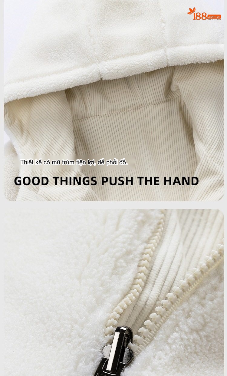 Áo Khoác Cotton Lót Lông Cừu Non Có Mũ Trùm Đầu Dáng Rộng Nam Nữ Màu Đen, Xanh, Tím, Kem... chi tiết 7