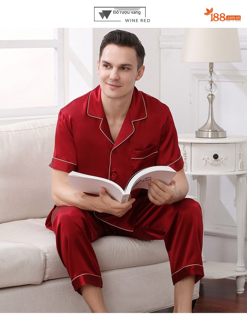 Bộ Pijama Lụa Tơ Tằm 100% Tay Ngắn Nam Màu Xanh Navy, Đỏ, Xám chi tiết 20