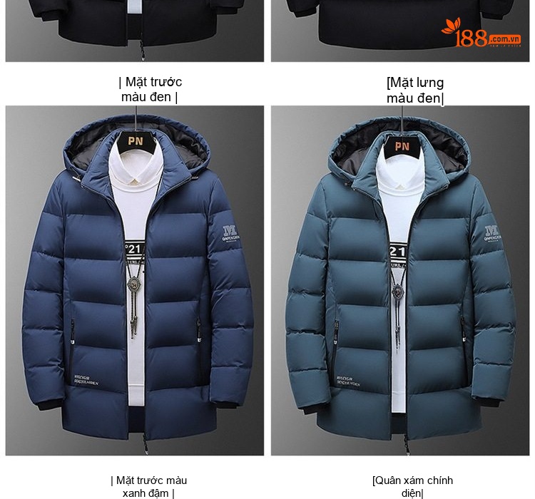 Áo Khoác Phao Nam Dáng Dài Có Mũ Trùm Đầu Cotton Dày Dặn Màu Đen, Xanh Dương, Xanh... chi tiết 12