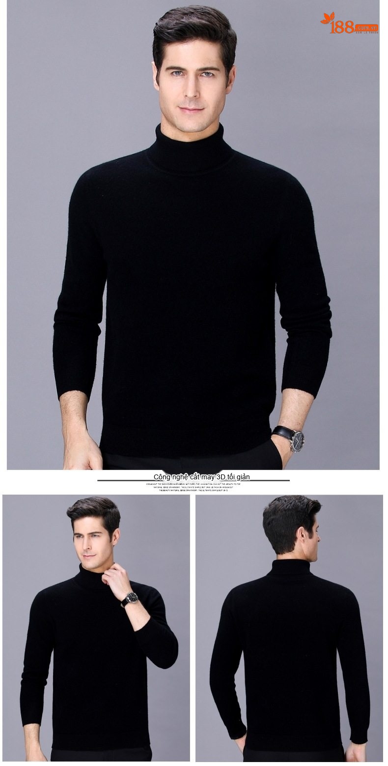 Áo Len Nam Cổ Lọ Dệt Kim Cashmere Dày Dặn Giữ Ấm Màu Nâu, Đỏ Rượu, Xám, Đen chi tiết 16