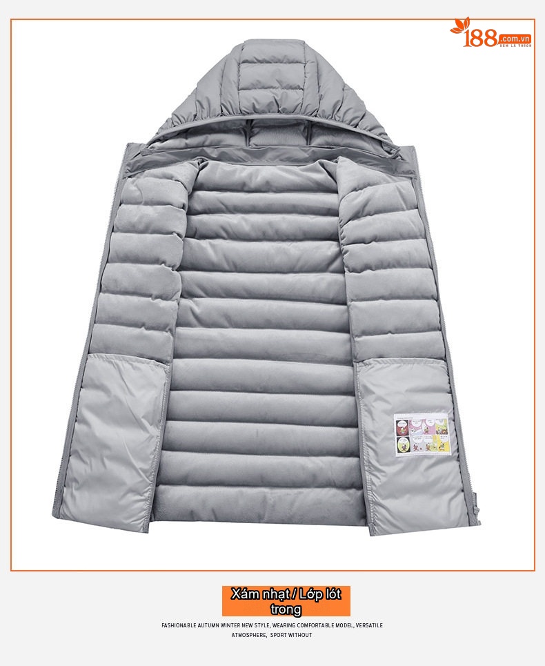 Áo Gile Bông Nam Có Mũ Trùm Đầu Tháo Rời 100% Polyester Màu Đen, Xám, Xanh Lam, Xanh Đậm... chi tiết 18