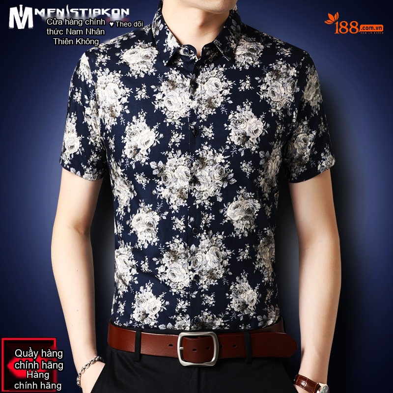 Áo Sơ Mi Tay Ngắn Nam Cotton Họa Tiết Hoa Lá Phong Cách Trung Niên Màu Đỏ, Trắng, Đen, Xanh Navy...
