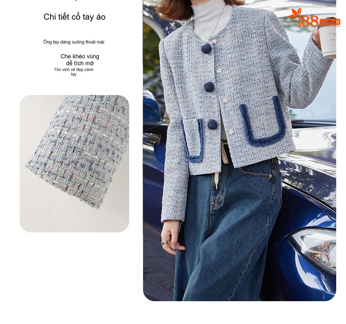 Áo Khoác Nữ Tweed Xanh Lam Cổ Tròn Đính Nút Hoa Phong Cách Tiểu Thư chi tiết 11